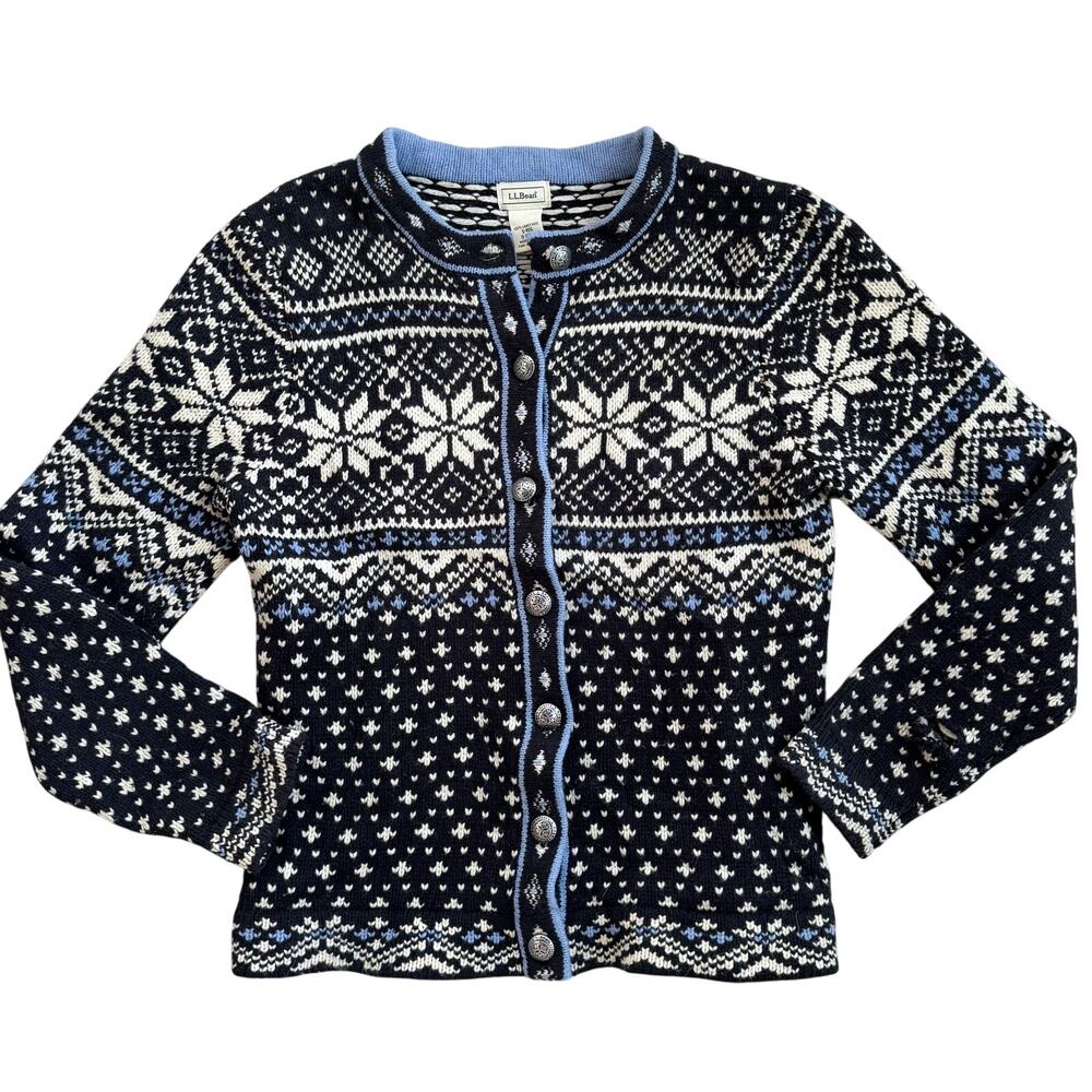 Vtg LL BEAN 100% Lambs Wool Nordic Fair Isle Snowflake Cardigan Sz Small